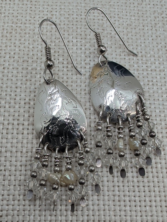 Handmade Jewelry - Vintage Artisan Hammered Silver Chandelier Earrings Crystal Bead Fringe 2.5"